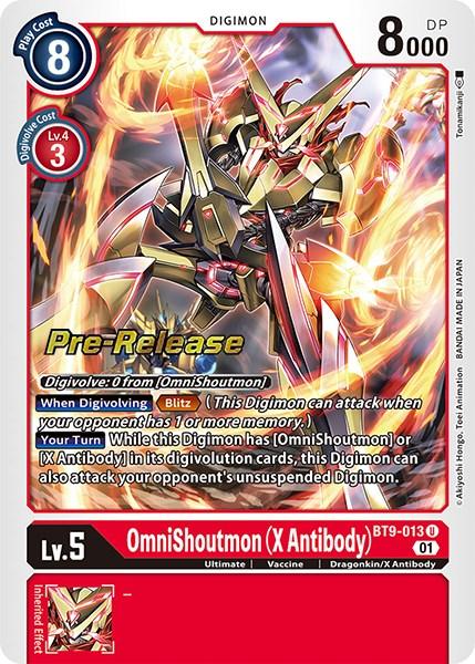 A red-bordered Digimon card showcases OmniShoutmon (X Antibody) [BT9-013] [X Record Pre-Release Promos] wielding a golden sword and metallic armor. It has a play cost of 8, 8000 DP, and is Level 5. The card's abilities include 