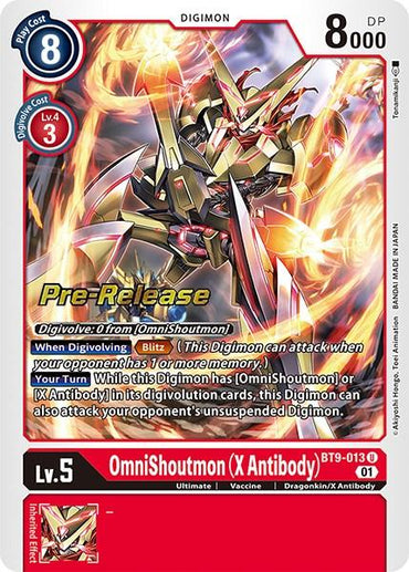 A red-bordered Digimon card showcases OmniShoutmon (X Antibody) [BT9-013] [X Record Pre-Release Promos] wielding a golden sword and metallic armor. It has a play cost of 8, 8000 DP, and is Level 5. The card's abilities include "Blitz" and can Digivolve from OmniShoutmon. Marked "Pre-Release" at the top left.