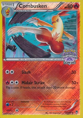 A championship promo Pokémon card showcases Combusken, a fiery bird with vibrant orange and yellow feathers, captured mid-leap with its fists clenched dramatically. From the XY: Furious Fists series, it features moves like "Slash," set against a holographic red swirl background adorned with the Pokémon Championships logo on the right.