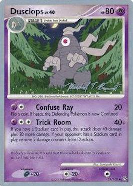 A Pokémon trading card featuring Dusclops, a Stage 1, Ghost-type Pokémon with 80 HP. This uncommon card highlights Dusclops' abilities: 