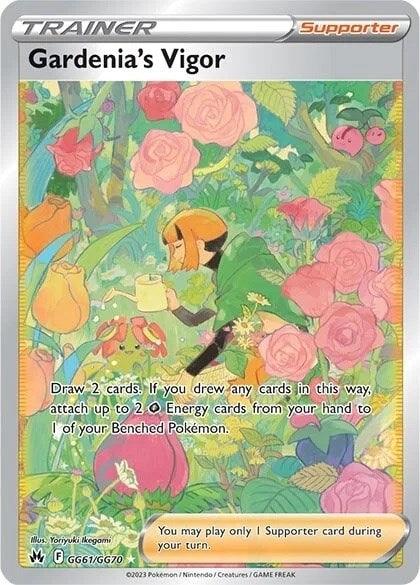 The image shows a Pokémon card titled "Gardenia's Vigor (GG61/GG70)" from the Sword & Shield: Crown Zenith series by Pokémon. It features the character Gardenia surrounded by lush, colorful foliage and flowers. This Secret Rare card text reads, "Draw 2 cards. If you drew any cards in this way, attach up to 2 Grass Energy cards from your hand to 1 of your Benched Pokémon.