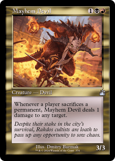 A Magic: The Gathering card from Ravnica Remastered featuring "Mayhem Devil (Retro Frame) [Ravnica Remastered]." The card costs one generic mana, one black mana, and one red mana to play. The artwork portrays a fierce devil with large horns and a skeletal structure, engulfed in flames. It deals 1 damage when a player sacrifices a permanent.