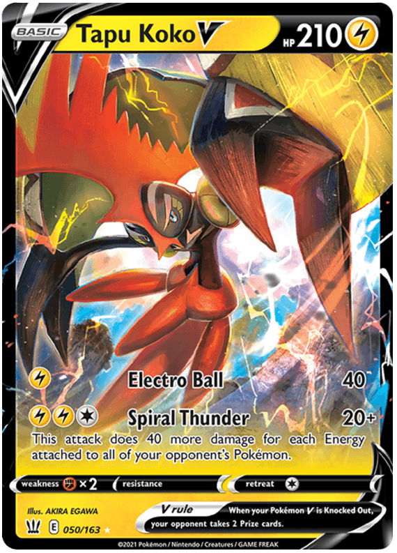 A Pokémon trading card featuring Tapu Koko V (050/163) [Sword & Shield: Battle Styles] from the Pokémon series. Tapu Koko is shown with dynamic, electric bolts and vibrant colors. The card, an Ultra Rare, has 210 HP and is categorized under the Lightning type. The moves listed are 