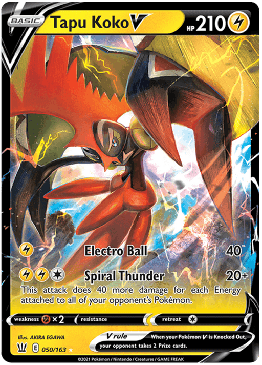 A Pokémon trading card featuring Tapu Koko V (050/163) [Sword & Shield: Battle Styles] from the Pokémon series. Tapu Koko is shown with dynamic, electric bolts and vibrant colors. The card, an Ultra Rare, has 210 HP and is categorized under the Lightning type. The moves listed are "Electro Ball" and "Spiral Thunder." Weaknesses, resistance, and the V rule are also displayed.