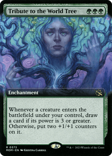 A rare fantasy card titled "Tribute to the World Tree (Extended Art) [March of the Machine]" from Magic: The Gathering features an enchantment spell with a painting of a blue-skinned, tree-like figure with ethereal blue hair. The card's text details abilities related to creatures entering the battlefield, providing different effects based on the creature's power.