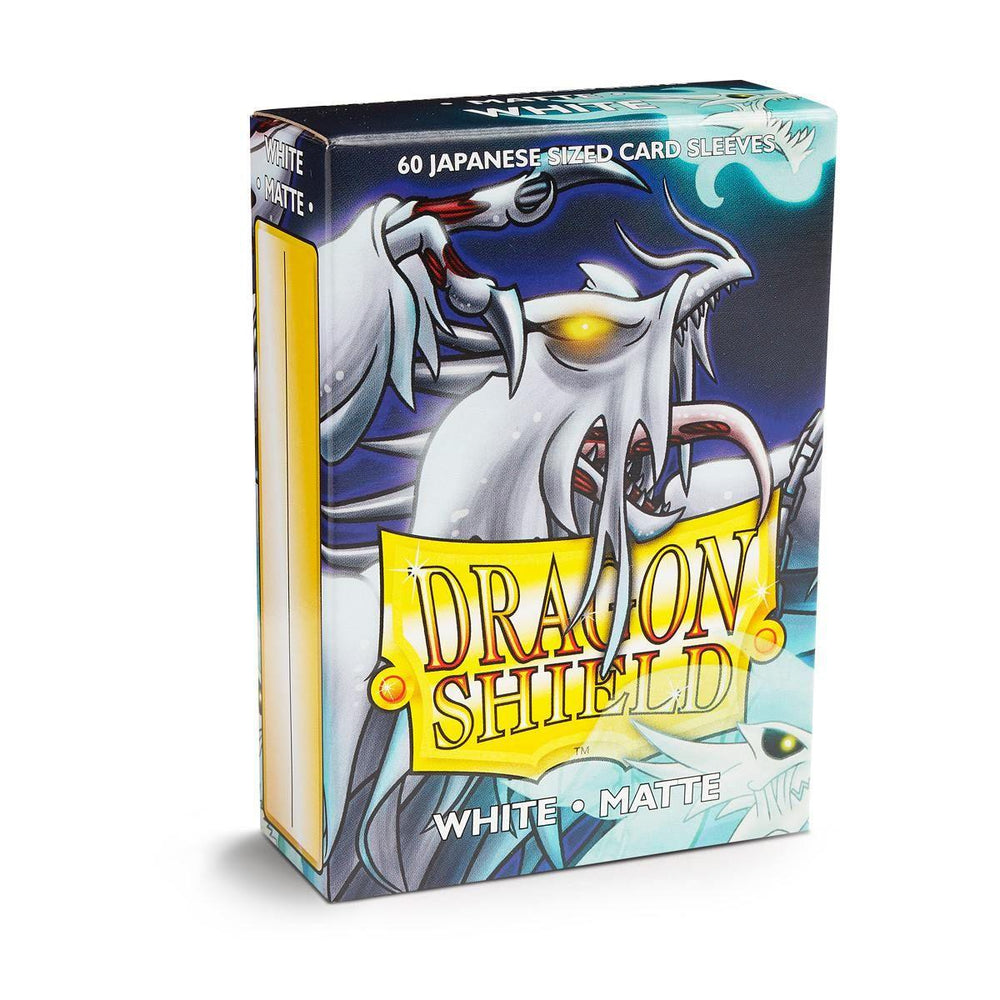 The Dragon Shield: Japanese Size 60ct Sleeves - White (Matte) by Arcane Tinmen showcases fantasy artwork of a silver dragon with light blue horns and sharp teeth. The box, which contains 60 Japanese size sleeves, prominently displays the brand and product details in yellow text against a blue background.