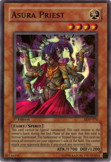 A Yu-Gi-Oh! card named Asura Priest [LOD-071] Super Rare. It features an ethereal, four-armed, purple-skinned being with flowing hair, surrounded by an aura of light. This Super Rare Spirit Monster from Legacy of Darkness is a 1st Edition card with ATK 1700 and DEF 1200, bearing text that explains its abilities and special summon rules.