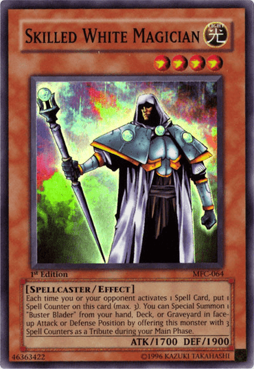 A 'Yu-Gi-Oh!' trading card titled Skilled White Magician [MFC-064] Super Rare with attributes: Light, Level 4, Spellcaster/Effect Monster. The magician wears a blue robe with white and gold details and holds a staff charged with a Spell Counter. The card's ATK is 1700 and DEF is 1900. Edition is 1st, card number is M