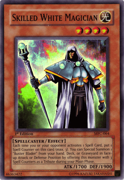 A 'Yu-Gi-Oh!' trading card titled Skilled White Magician [MFC-064] Super Rare with attributes: Light, Level 4, Spellcaster/Effect Monster. The magician wears a blue robe with white and gold details and holds a staff charged with a Spell Counter. The card's ATK is 1700 and DEF is 1900. Edition is 1st, card number is M