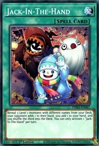 A "Yu-Gi-Oh!" Normal Spell card titled "Jack-In-The-Hand [PHRA-EN067] Common" from the Phantom Rage set. The card depicts three fantastical characters: a grinning jack-in-the-box, a white ghost-like figure, and a multicolored, cheerful humanoid figure reaching forward. Text at the bottom describes the card's effect and usage against opponents.