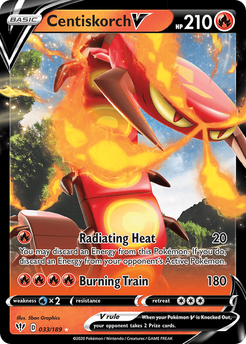 A Pokémon Centiskorch V (033/189) [Sword & Shield: Darkness Ablaze] trading card featuring a fiery, centipede-like creature from the Sword & Shield Darkness Ablaze series. This Ultra Rare card has 210 HP and is a Fire type. It features two attack moves: Radiating Heat (20 damage) and Burning Train (180 damage). The artwork boasts flames with a black and orange border.