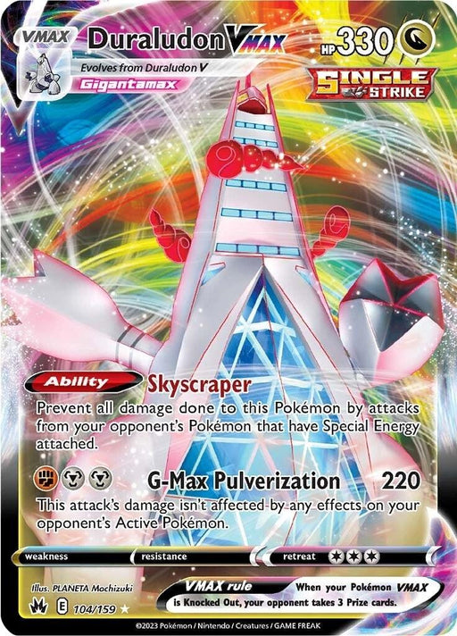 A Pokémon card featuring Duraludon VMAX (104/159) [Sword & Shield: Crown Zenith] from the Pokémon series. The card, crowned with 330 HP, showcases Duraludon in its Gigantamax form, towering with dragon-like red accents. It has two attacks: 'Skyscraper' ability and 'G-Max Pulverization,' dealing 220 damage. Labeled "Single Strike".