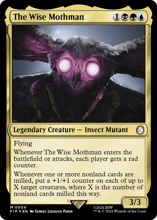 A Magic: The Gathering card titled "The Wise Mothman [Fallout]." This Mythic Legendary Creature has a black, green, and white border. The illustration shows a moth-like humanoid with glowing pink eyes and wings. Its abilities include giving players rad counters and milling cards to place counters on creatures. It's a 3/3 creature.