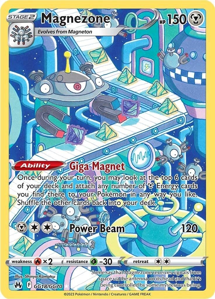 A Pokémon Sword & Shield: Crown Zenith card features a Holo Rare Magnezone (GG18/GG70) with a yellow starry border. Magnezone floats in a high-tech space-themed environment filled with robotic arms and machinery, boasting the 