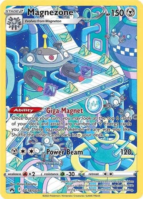A Pokémon Sword & Shield: Crown Zenith card features a Holo Rare Magnezone (GG18/GG70) with a yellow starry border. Magnezone floats in a high-tech space-themed environment filled with robotic arms and machinery, boasting the "Giga Magnet" ability and "Power Beam" attack dealing 120 damage. The Crown Zenith card has 150 HP, weak to Fire and resistant to Steel.