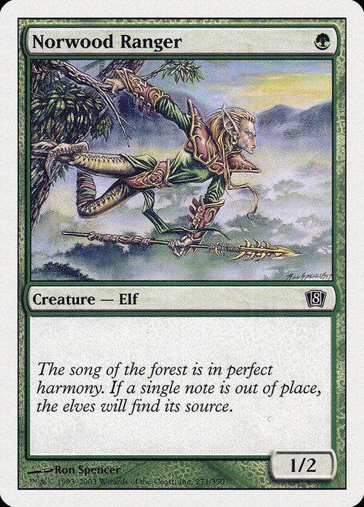 A Magic: The Gathering card titled "Norwood Ranger [Eighth Edition]." This Elf Scout Creature from the Eighth Edition depicts an elf in green armor running through a forest. The card has a green border and is marked with power and toughness of 1/2. The text reads, "The song of the forest is in perfect harmony. If a single note is out of place, the elves will find its
