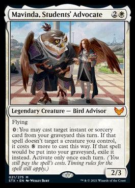 A Magic: The Gathering product titled "Mavinda, Students' Advocate [Strixhaven: School of Mages]" portrays a Bird Advisor, an owl-like creature with glasses and a staff, conversing with a robed student. Bordered in white, it costs two white and one colorless mana and has 2/3 power/toughness with Flying and unique spell recursion.