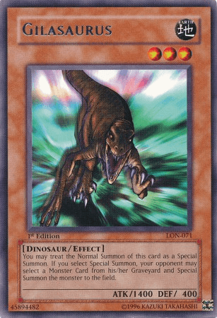 A Yu-Gi-Oh! trading card titled "Gilasaurus [LON-071] Rare" features a dinosaur with an open mouth and claws extended against a dynamic, blurry green and yellow background. The purple-bordered Effect Monster card from Labyrinth of Nightmare displays text about its Special Summon effect, showcasing stats ATK/1400 DEF/400.