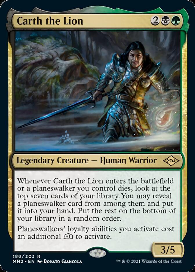 Carth the Lion is a Magic: The Gathering card from Modern Horizons 2, featuring a legendary Human Warrior in armor with a sword, set against flowing water and rocks. It has gold and green borders, ability text, and a power/toughness of 3/5.