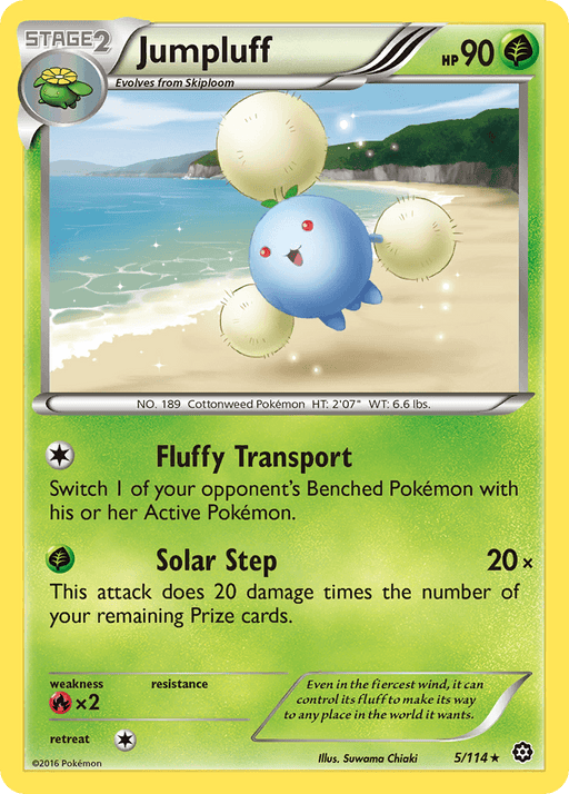 A rare Jumpluff (5/114) [XY: Steam Siege] Pokémon card is depicted. Jumpluff, a fluffy blue Pokémon with cotton-like extensions, floats over a sunny beach with clear sky and waves. The card, from the Steam Siege set, includes its stats: HP 90, Grass type, and details of its abilities: Fluffy Transport and Solar Step. The card number is 5/114.