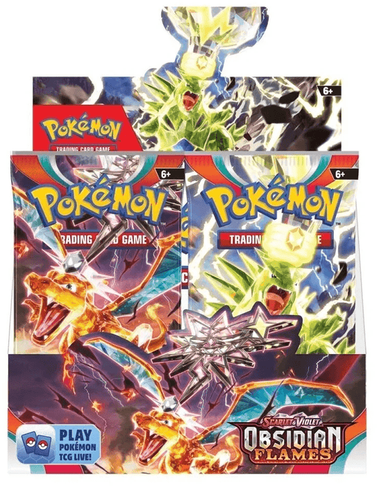 Image of an Everything Games Scarlet & Violet: Obsidian Flames - Booster Box. The box features vibrant artwork of Pokémon with fiery and electric effects. The display includes multiple booster packs, each decorated with dynamic Pokémon art, and features exclusive Pokémon ex cards.