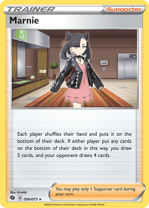 A Pokémon Holo Rare trading card featuring Marnie (056/073) [Sword & Shield: Champion's Path]. Marnie, a girl with black hair and a spiked leather jacket, stands confidently in a modern room. The text details her effect: both players shuffle their hands into their decks; you draw 5 cards, and your opponent draws 4.
