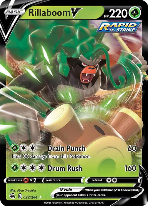 Pokémon trading card featuring "Rillaboom V (022/264) [Sword & Shield: Fusion Strike]". It has 220 HP and belongs to the Rapid Strike category. Moves include "Drain Punch" (60 damage and heals this Pokémon by 30) and "Drum Rush" (160 damage). The Ultra Rare card is numbered 022/264, with a dynamic green and yellow streaked background.