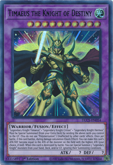 This is an image of the "Timaeus the Knight of Destiny (Green) [DLCS-EN054] Ultra Rare" Yu-Gi-Oh! trading card, an Ultra Rare Fusion/Effect Monster from the Dragons of Legend series. The card features an armored knight holding a sword, with a radiant, colorful background. The card attributes are shown in the top right corner, and the effect description text occupies the lower half.