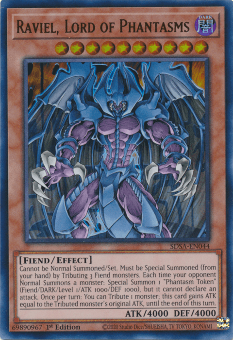 The Yu-Gi-Oh! trading card "Raviel, Lord of Phantasms [SDSA-EN044]" from the Structure Deck: Sacred Beasts is an Ultra Rare card. It showcases a blue-winged, muscular demon with horns in a menacing pose. The card text describes special summoning and attack effects, supported by its formidable stats of ATK 4000 and DEF 4000.