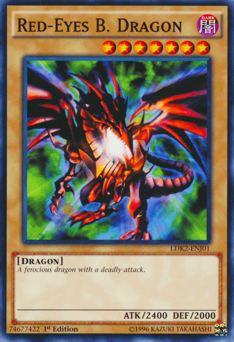 A Red-Eyes B. Dragon [LDK2-ENJ01] Common Yu-Gi-Oh! trading card from Legendary Decks II features a ferocious dragon with a black and red body, glowing red eyes, and a fiery aura. This Normal Monster card has 2400 attack points and 2000 defense points. The bottom left corner shows 