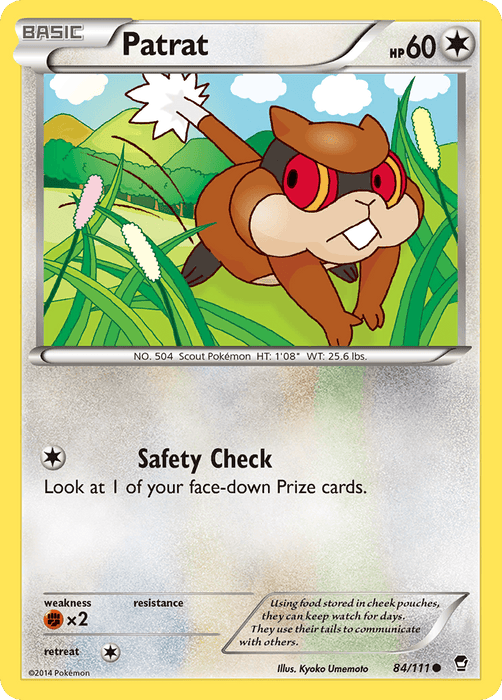 A Pokémon card featuring Patrat, a brown rodent-like creature with large eyes and a striped tail, standing in a field of tall grass and flowers. This Common card shows Patrat's details: HP 60, Basic type, from XY: Furious Fists, number 504, height 1'08", weight 25.6 lbs. It has the move "Safety Check" allowing

**Product Name:** Patrat (84/111) [XY: Furious Fists]  
**Brand Name:** Pokémon