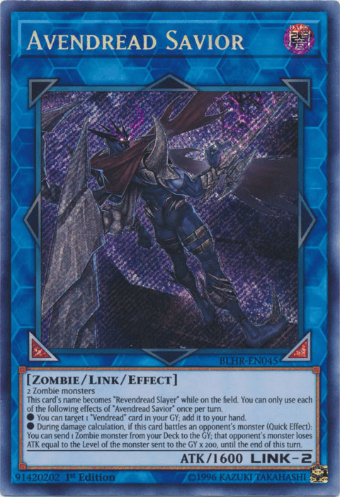 The Avendread Savior [BLHR-EN045] Secret Rare Yu-Gi-Oh! trading card is depicted as a Secret Rare. The card borders are blue, indicating its Link monster status. The artwork features a warrior-like zombie in armor with a sword. The card's type is [Zombie/Link/Effect], and its Link rating is 2 with an ATK of 1600.