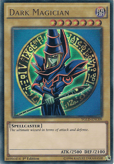 The image features the "Dark Magician [YGLD-ENC09] Ultra Rare" card from Yugi's Legendary Decks in the Yu-Gi-Oh! trading card game. The Ultra Rare card showcases an illustration of a wizard with a purple robe and staff, standing in front of a green, mystical circle with symbols. Text includes "Dark Magician," attributes, card type, attack and defense stats.