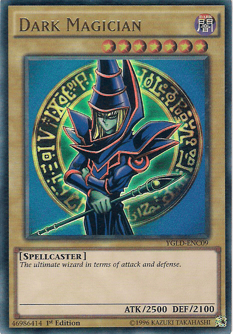 The image features the "Dark Magician [YGLD-ENC09] Ultra Rare" card from Yugi's Legendary Decks in the Yu-Gi-Oh! trading card game. The Ultra Rare card showcases an illustration of a wizard with a purple robe and staff, standing in front of a green, mystical circle with symbols. Text includes "Dark Magician," attributes, card type, attack and defense stats.