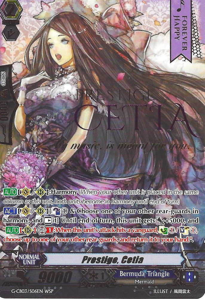 A trading card featuring "Prestige, Cetia (Wedding) (G-CB03/S06EN) [Blessing of Divas]" from the Bermuda Triangle clan in Cardfight!! Vanguard by Bushiroad. She has long flowing hair and is surrounded by colorful flowers. Text details her Harmony ability, unit cost, power level of 9000, and various card effects. This Special Parallel card is illustrated by Itou.