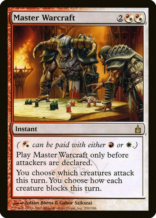 A Magic: The Gathering product titled "Master Warcraft [Ravnica: City of Guilds]" features a casting cost of 2 red/white mana and 2 colorless mana. This rare instant from Ravnica: City of Guilds depicts two armored warriors strategizing over a battle map. Text reads: "Play Master Warcraft only before attackers are declared. You choose which creatures attack this turn. You choose how each creature blocks this.