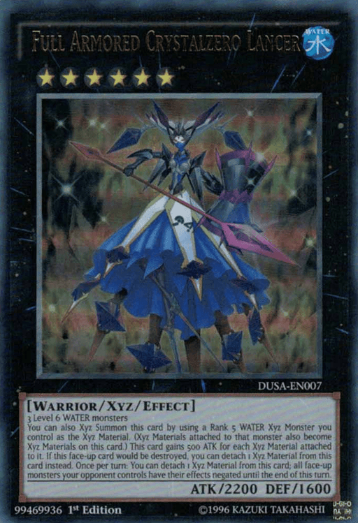 An image of the Yu-Gi-Oh! trading card Full Armored Crystalzero Lancer [DUSA-EN007] Ultra Rare. This Ultra Rare Xyz/Effect Monster features a warrior-like figure in icy blue armor with glowing accents, wielding a lance, and surrounded by blue crystals. The text box describes the card's attributes, effects, and stats (ATK/2200 DEF/1600).