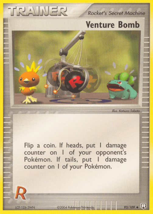 A Pokémon Trading Card featuring an Uncommon Trainer item called "Venture Bomb (93/109) [EX: Team Rocket Returns]" from the Pokémon series. The card shows two Pokémon, Torchic and Ivysaur, watching a mechanical arm holding a bomb with a red "R" on it. Below the image is text describing the card's game effect.