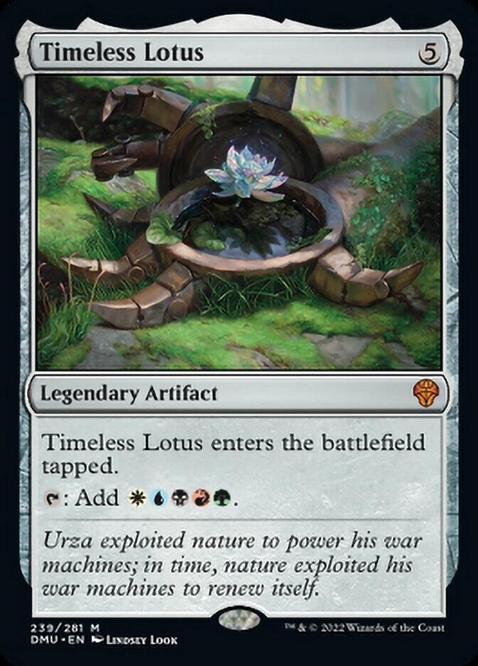 A Magic: The Gathering product named "Timeless Lotus [Dominaria United]" from the Dominaria United set. The card’s illustration depicts a glowing lotus flower with multicolored petals, sitting on an ornate stone pedestal surrounded by ruins. It is a Legendary Artifact card with a casting cost of 5 mana and extensive game text below the image.