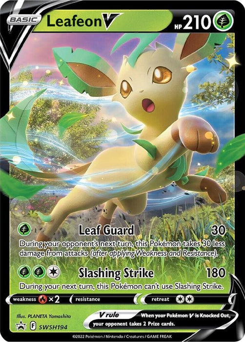 A colorful trading card featuring Leafeon V (SWSH194) [Sword & Shield: Black Star Promos], a Grass Type Pokémon from the Sword & Shield series. This Black Star Promo showcases its moves "Leaf Guard" and "Slashing Strike." The vibrant background of glowing green and yellow elements enhances Leafeon's dynamic pose.
