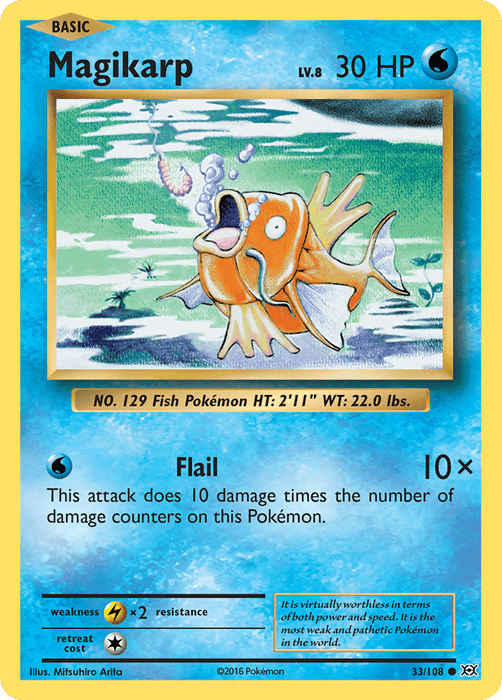 A **Magikarp (33/108) [XY: Evolutions]** card from the **Pokémon** set. Magikarp, a Water Type orange fish with whiskers, is depicted jumping above water. The card has 30 HP and describes Magikarp as 2'11" tall and weighing 22.0 lbs. The attack "Flail" does 10 damage times the damage counters on Magikarp. The illustration