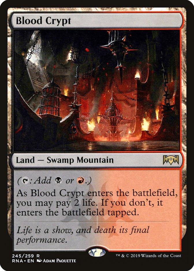 Blood Crypt from the Magic: The Gathering set Ravnica Allegiance features a dark, fiery cavern adorned with metal and chains. This Land—Swamp Mountain card taps for black or red mana, and you can pay 2 life to have it enter untapped. Its vivid artwork embodies the grim essence of its world.