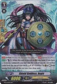 A Double Rare fantasy trading card depicting a female character named "Shield Goddess, Aegis (BT14/013EN) [Brilliant Strike]." She holds a green, ornate shield and wears black, silver, and blue armor adorned with golden accents. The card includes various stats and abilities. Text reads: "The shield of the heavens and thunder repel all harm and calamity.