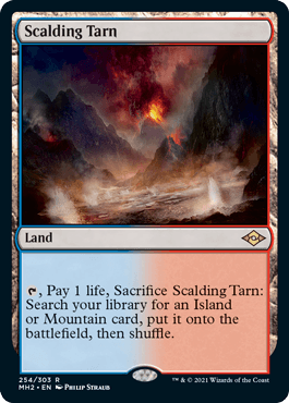 Magic: The Gathering product titled "Scalding Tarn [Modern Horizons 2]" from the Magic: The Gathering brand. The illustration depicts a fiery volcanic landscape with smoke, lava flows, and jagged rocks. The card text reads, “{T}, Pay 1 life, Sacrifice Scalding Tarn: Search your library for an Island or Mountain card, put it onto the battlefield, then shuffle.”