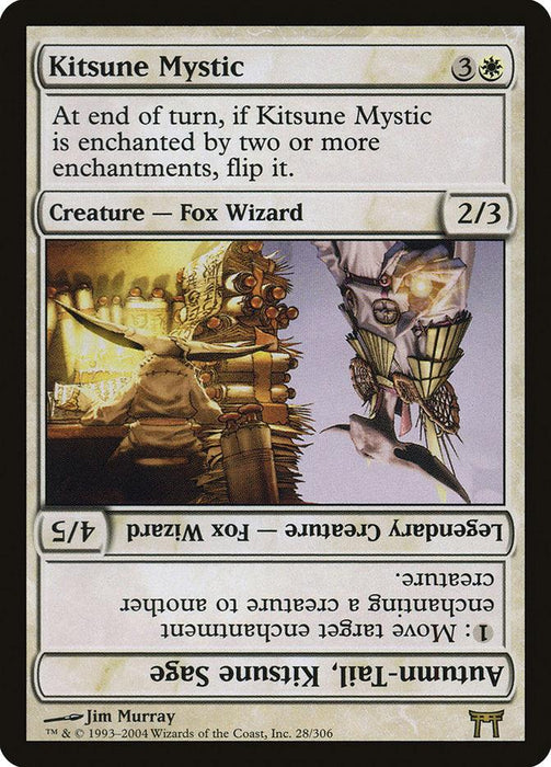 A trading card titled "Kitsune Mystic // Autumn-Tail, Kitsune Sage" from the Champions of Kamigawa set. It features an illustration of a Fox Wizard holding a staff, adorned in ornate robes. The card has a cost in the top right corner (3 and white mana symbol). It has two phases: Creature - Fox Wizard (2/3) and Legendary Creature - Fox Wizard (4/5). This card is part of the Magic: The Gathering brand.