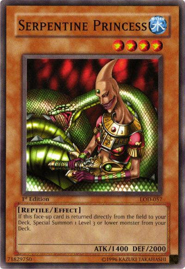 A Yu-Gi-Oh! trading card titled "Serpentine Princess [LOD-057] Common" from the Legacy of Darkness set, depicting a humanoid snake-like creature adorned in elaborate golden jewelry and clothing. As an Effect Monster with 1400 ATK and 2000 DEF, its coiled green serpent background hints at special summon potential.