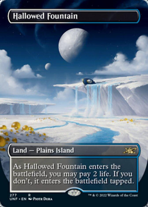 An image of the Magic: The Gathering card "Hallowed Fountain (Borderless) [Unfinity]," featuring breathtaking art of a futuristic, otherworldly landscape with cascading waterfalls on a serene plain. Above, planets and moons float in a partly cloudy sky. From the "Unfinity" set, this card is a Land type, specifically a Plains Island.