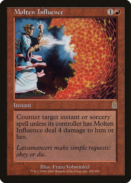 An illustrated card titled "Molten Influence [Odyssey]" from Magic: The Gathering. It features a wizard in blue and white robes casting an instant spell against a fiery, molten orb. The card includes detailed spell effects and flavor text, with the illustration credited to Franz Vohwinkel.