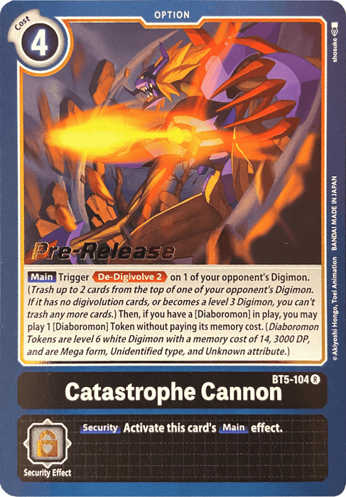 The Digimon card named "Catastrophe Cannon [BT5-104] [Battle of Omni Pre-Release Promos]" showcases a purple mech-like Digimon equipped with a cannon and has a cost of 4. As part of the Battle of Omni Pre-Release Promo, this card includes game instructions and its main effect activates as a security feature.