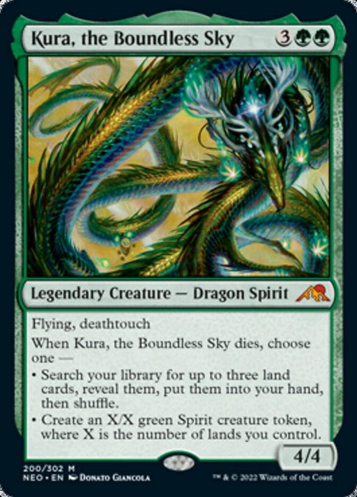 The image is of a Magic: The Gathering product named "Kura, the Boundless Sky [Kamigawa: Neon Dynasty]". It is a green, Legendary Creature card featuring a Dragon Spirit with flying and deathtouch abilities. The illustration depicts a serpentine dragon in green hues amidst a mystical background. The card's cost is 3 generic and 2 green mana, and it